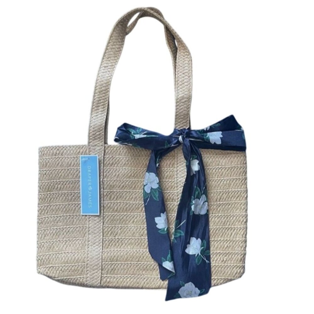 Draper James Everyday Straw Bag Limited Edition Tote Shoulder Blue Scarf Retired - Picture 3 of 5